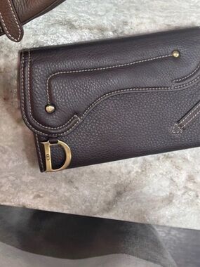 Vintage Dior Dark Brown Pebbled Leather Wallet with Gold D Charm